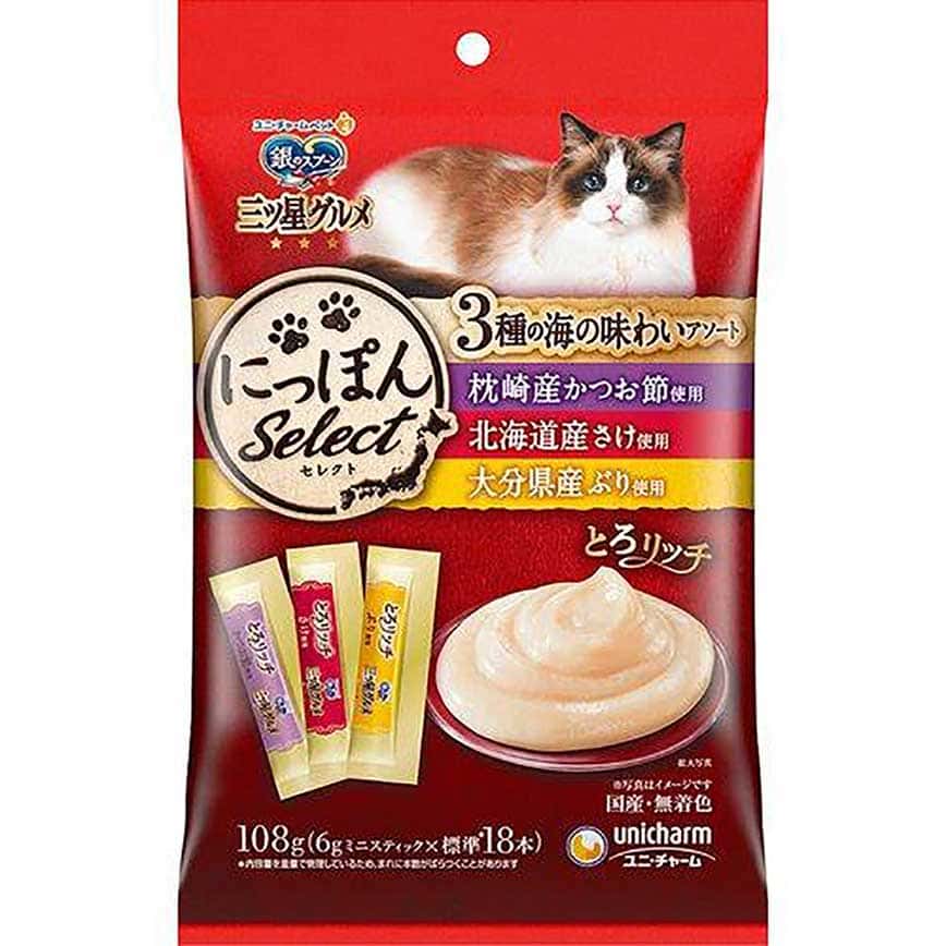Unicharm 貓零食 日本三星銀匙肉泥餐包 鰹魚+三文魚+鰤魚 108g (6g*18個入) (紫紅黃) (圖片2)
