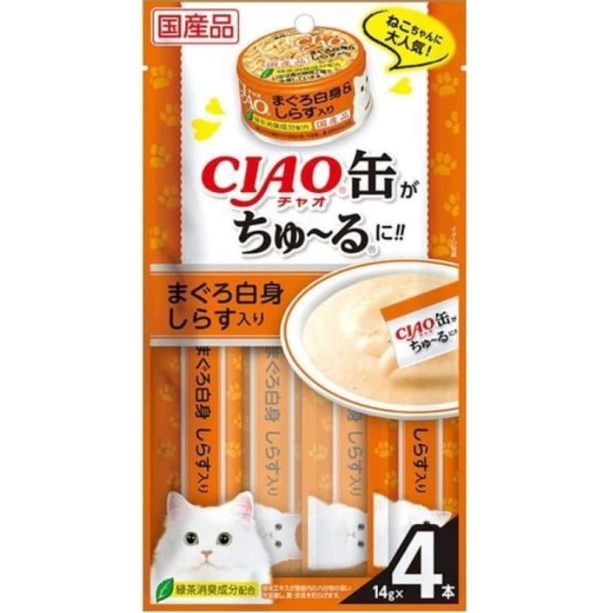 CIAO 肉泥 貓零食 缶之系列 白身金槍魚+白飯魚 14g 4本入 (SC-352) (圖片2)