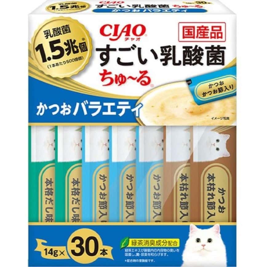 CIAO 肉泥 貓零食 1.5萬億乳酸菌 鰹魚+鰹魚乾肉醬 14g 30本入 (SC-384) (圖片2)