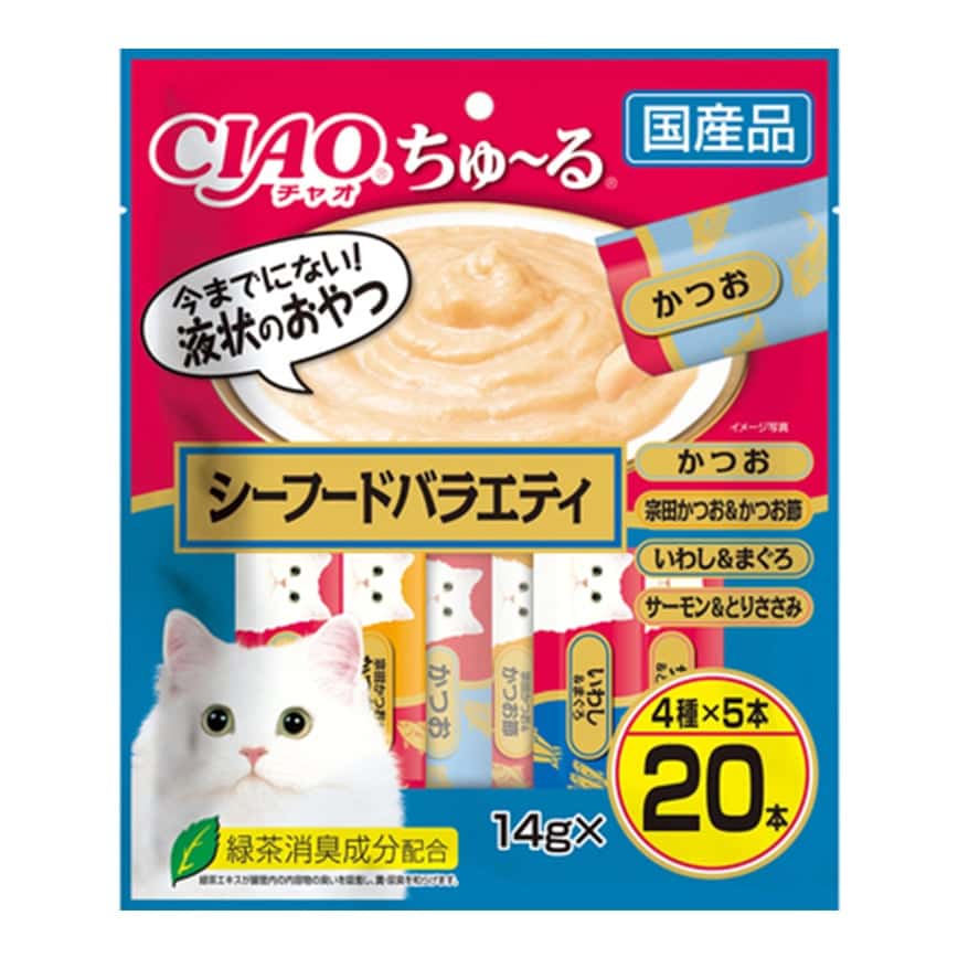 CIAO 肉泥 貓零食 鰹魚及沙丁魚及金槍魚及三文魚及雞肉醬 14g 20本袋裝 (藍) (SC-196) (圖片2)