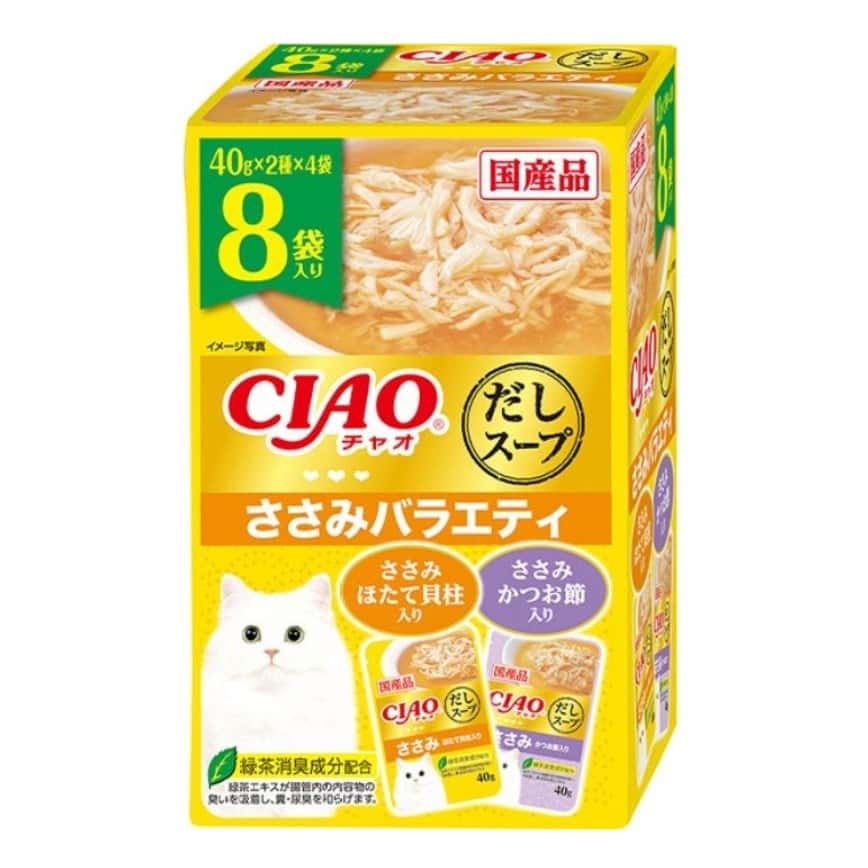 CIAO 貓濕糧 だしスープ 雞肉扇貝+雞肉鰹魚 40g*8袋入 (黃) (IC-393) (圖片2)