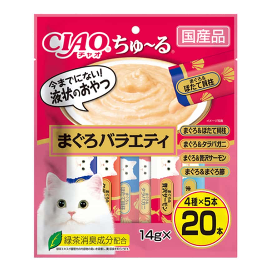 CIAO 肉泥 貓零食 金槍魚+扇貝/鱈場蟹/金槍魚節/極品三文魚 14g 20本袋裝 (SC-194) (圖片2)