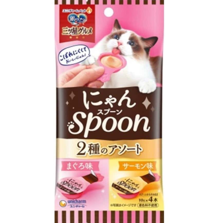 Unicharm 貓零食 日本三星銀匙肉泥湯匙 金槍魚+三文魚 10g 4個入 (粉紅黃) (圖片2)