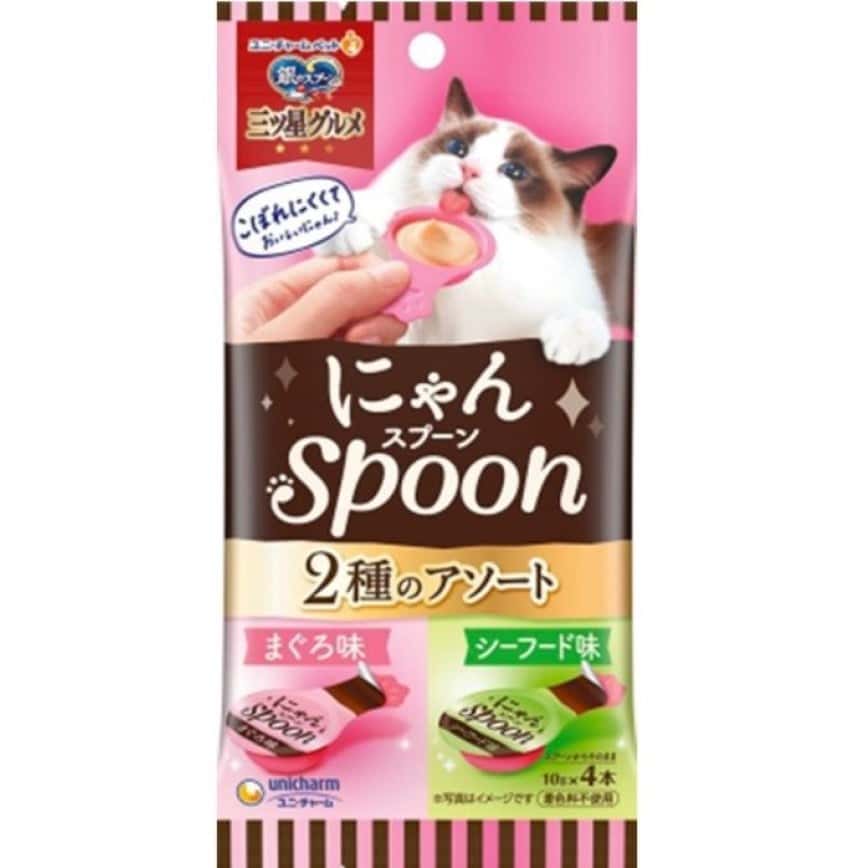Unicharm 貓零食 日本三星銀匙肉泥湯匙 金槍魚+海鮮 10g 4個入 (粉紅綠) (圖片2)
