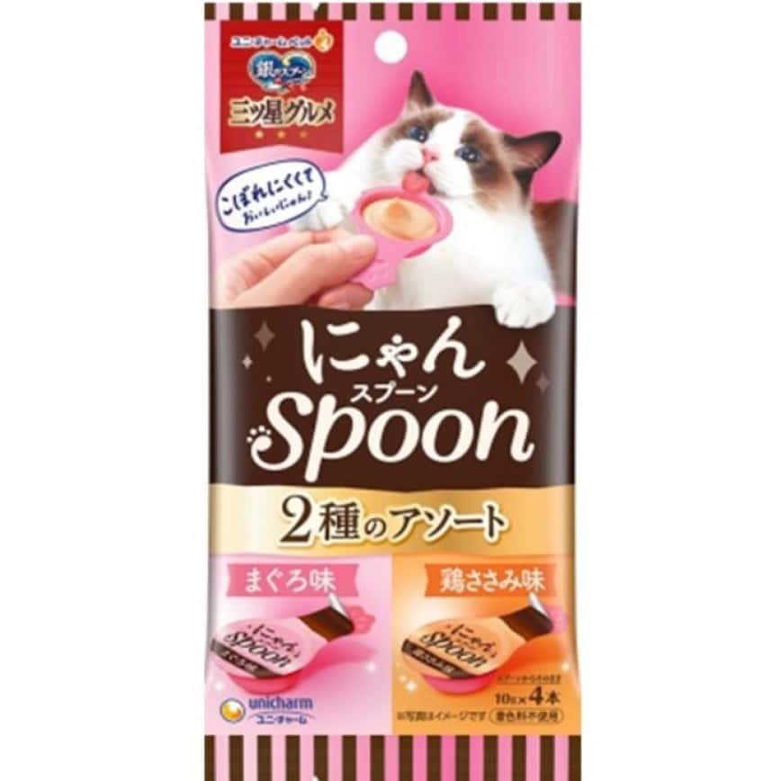 Unicharm 貓零食 日本三星銀匙肉泥湯匙 金槍魚+雞肉 10g 4個入 (粉紅橙) (圖片2)