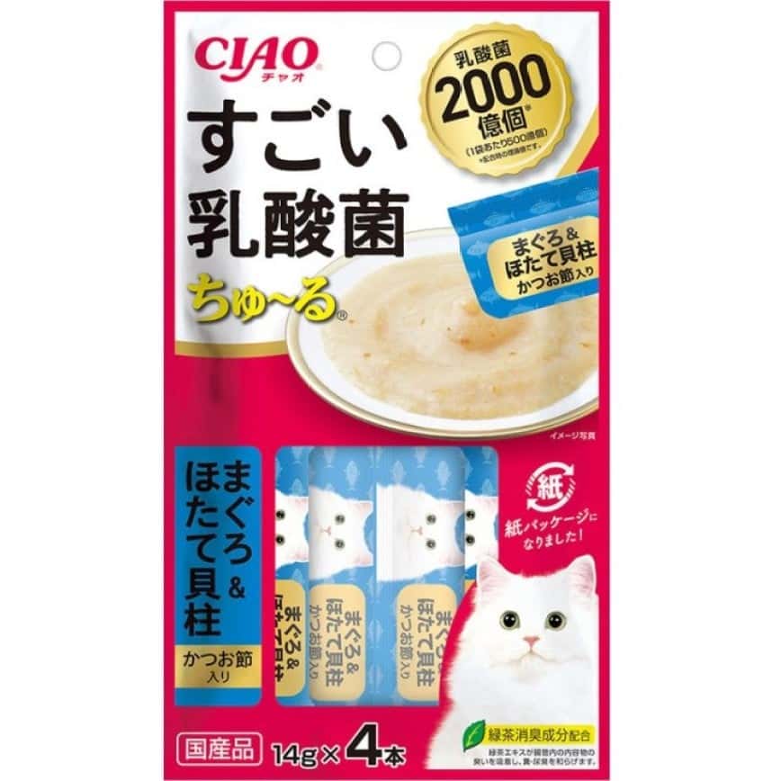 CIAO 肉泥 貓零食 2000億個乳酸菌 鰹魚乾+金槍魚扇貝肉醬 14g 4本入 (深) (SC-394) (圖片2)