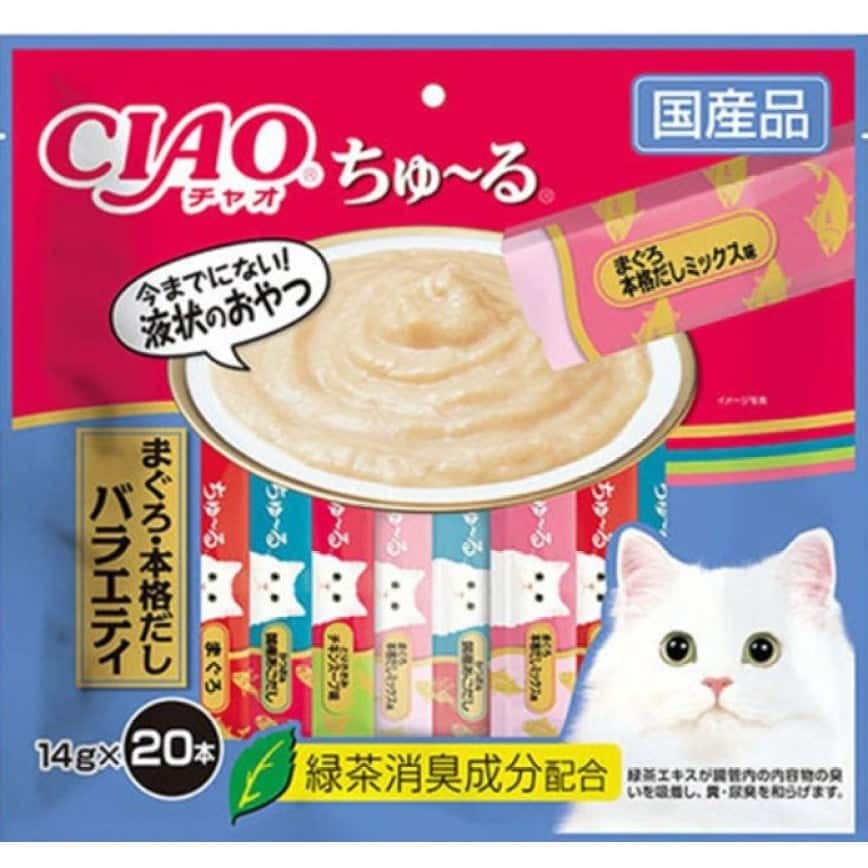 CIAO 肉泥 貓零食 金槍魚+鰹魚飛魚+雞肉雞湯+金槍魚鰹魚乾混合 14g 20本袋裝 (淺藍) (SC-258) (圖片2)