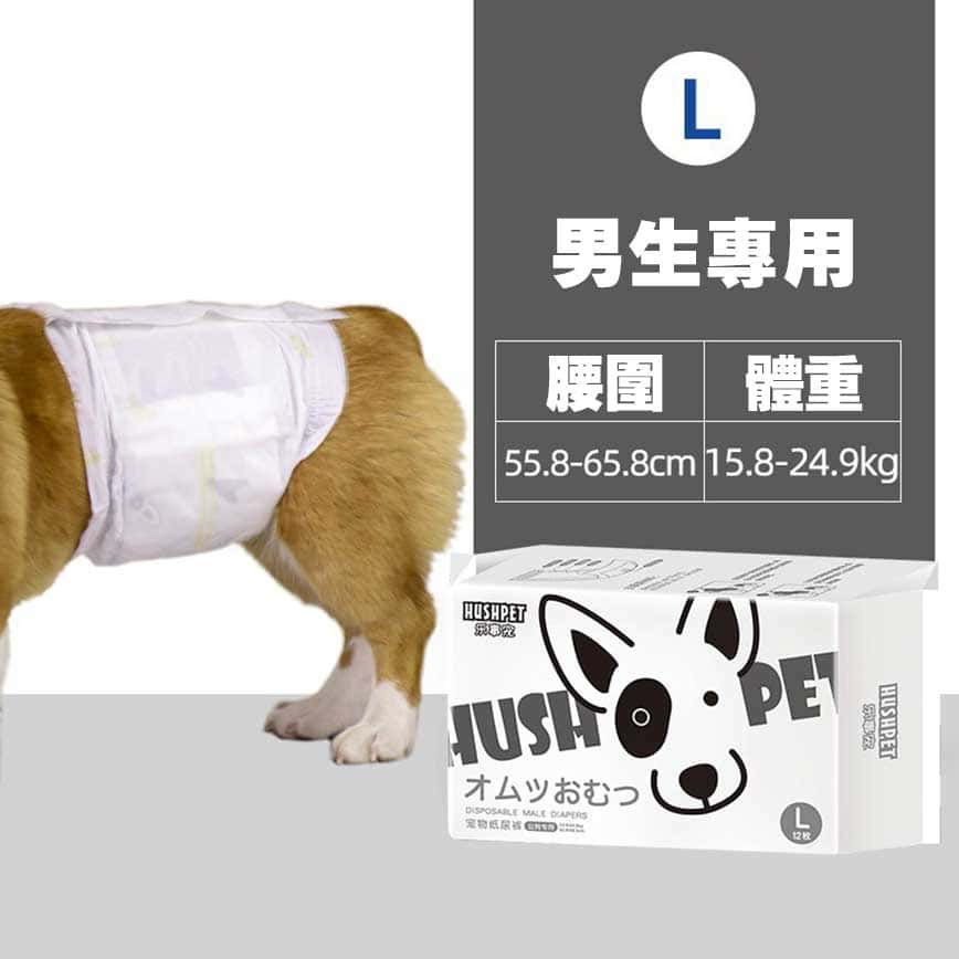 HUSHPET 男生狗狗專用 寵物尿墊狗尿墊狗尿片 紙尿褲紙尿片 黑 [腰圍56-66 L碼 12枚] (圖片2)