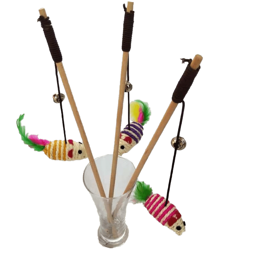 彩色劍麻老鼠木製帶鈴鐺逗貓棒 (顏色隨機) (圖片2)