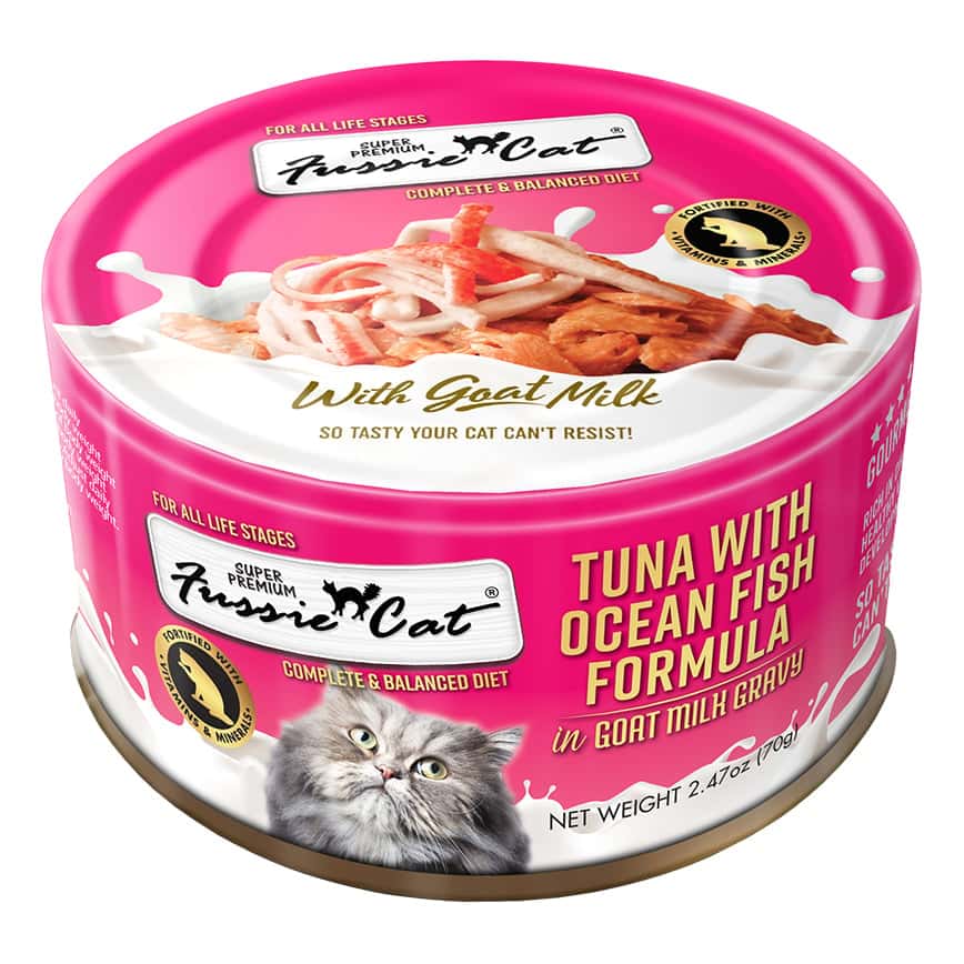 Fussie Cat 貓罐頭 主食罐 極品吞拿魚 + 海魚 Tuna with Ocean Fish Formula in Goat Milk Gravy 70g (FUM-BLC) (圖片2)