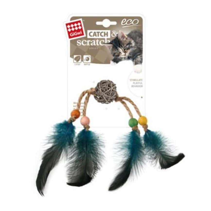 GiGwi Catch & Scratch藤球鈴鐺 藍羽毛 (7275) (圖片2)