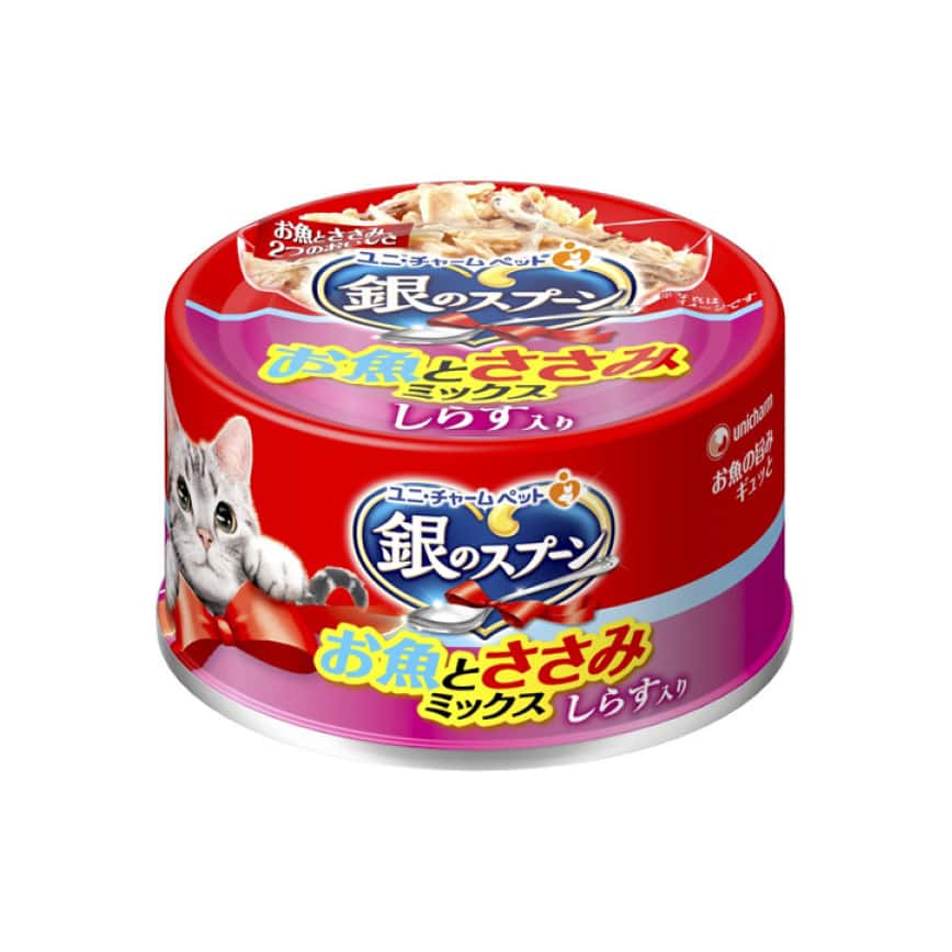 Unicharm 貓罐頭 銀匙特級成貓罐頭 雞⾁鰹⿂⾦槍⿂配⽅+⼩銀⿂ 70g (uc32604) (圖片2)