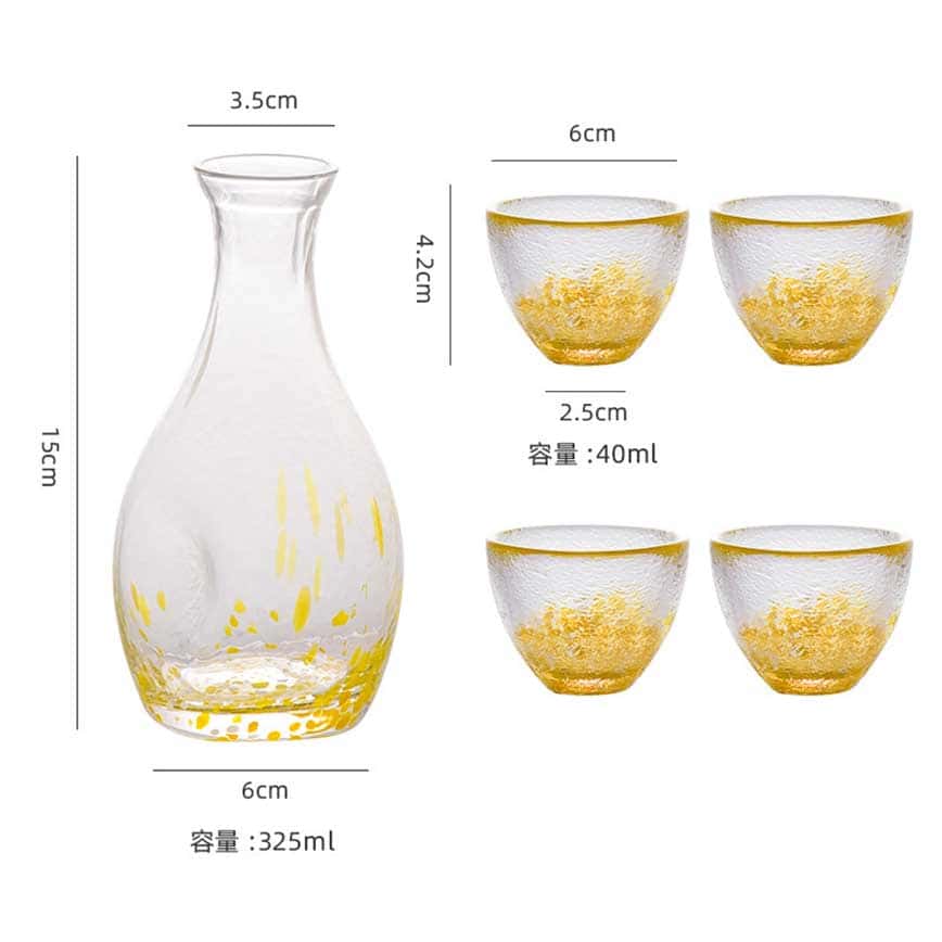 日式清酒杯 彩點玻璃酒杯酒瓶套裝 一瓶四杯 黃色 (圖片2)