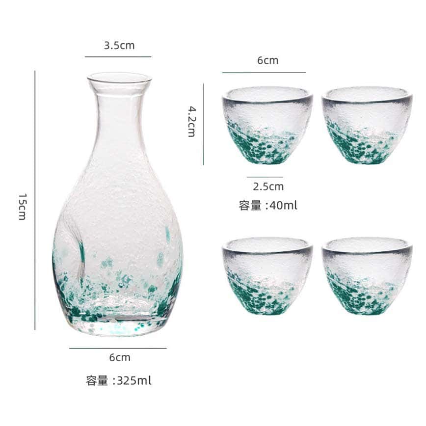日式清酒杯 彩點玻璃酒杯酒瓶套裝 一瓶四杯 湖水綠 (圖片2)