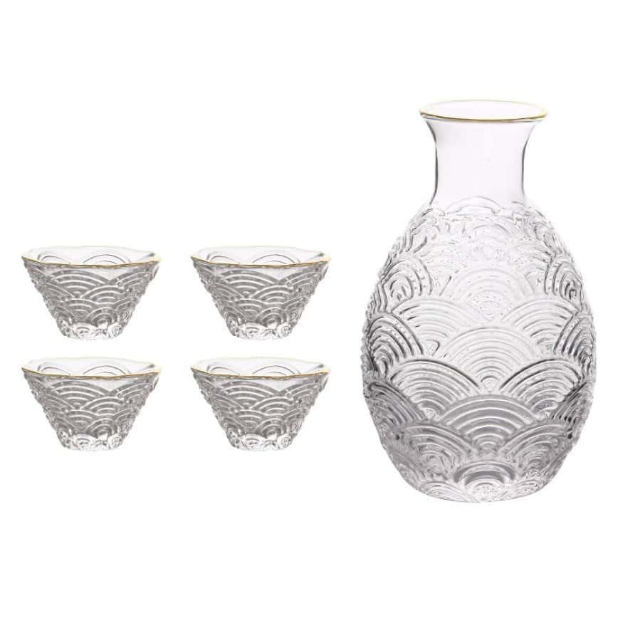 日式清酒杯 祥雲圖案 玻璃酒杯酒瓶套裝 一瓶四杯 (圖片2)