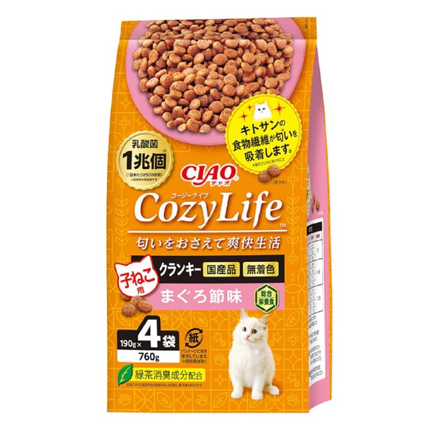 CIAO 爽快生活乳酸菌+甲殼素貓糧 幼貓用 吞拿魚乾味 190g×4 (P-336) (圖片2)