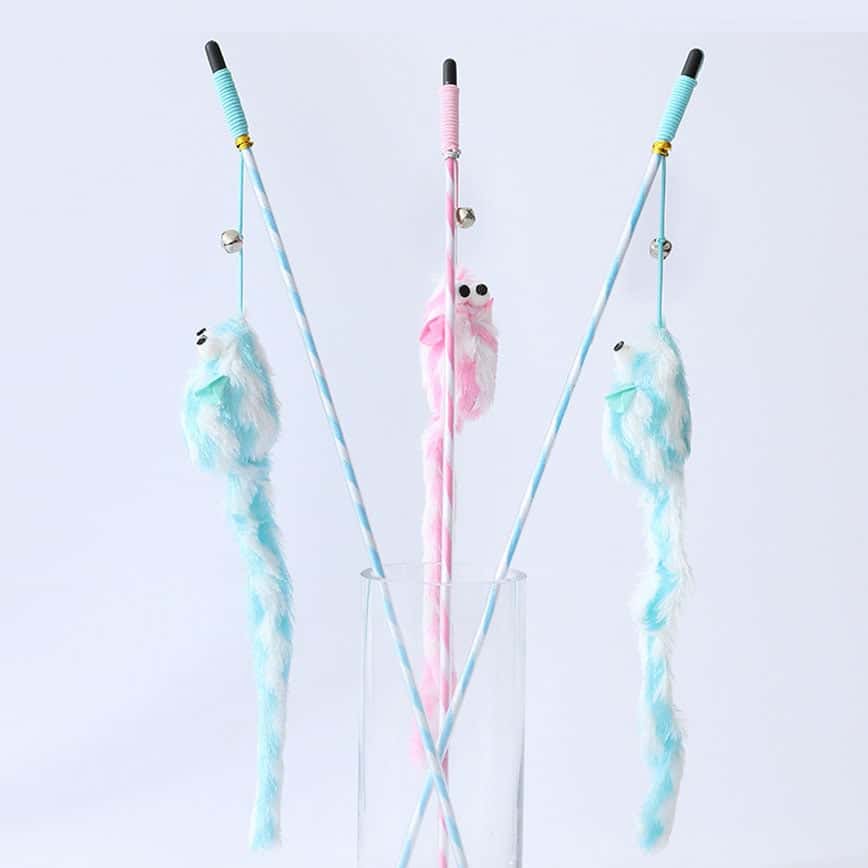 HelloDOG 貓玩具逗貓棒 突眼糖果色毛絨長尾老鼠逗貓棒 一支 (顏色隨機) (圖片2)