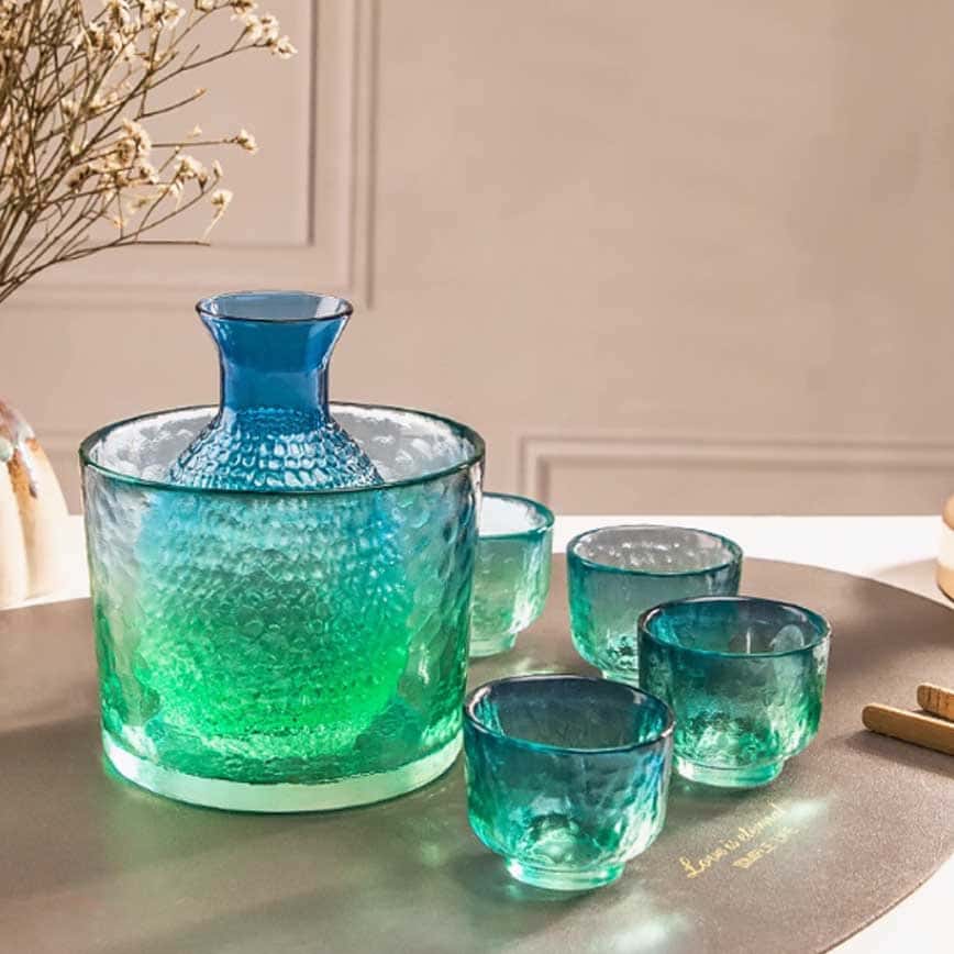 日式清酒杯 玻璃酒杯酒瓶套裝 孔雀藍 一缸一瓶四杯 (圖片2)