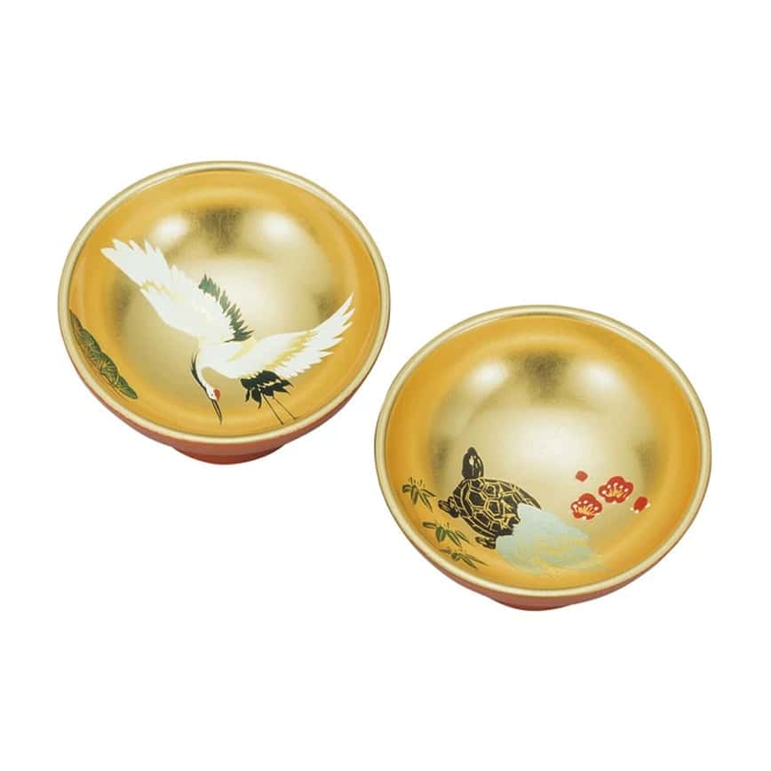 日本清酒杯 梅州漆器 金漆 長壽の龜鶴二仙 一對 (6L-160) (圖片2)