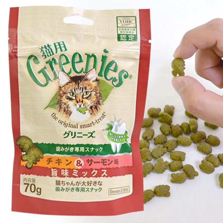日本Greenies Dental Treats 貓齒靈貓咪潔齒餅 三文魚拼雞肉味 70g (酒紅) (圖片2)