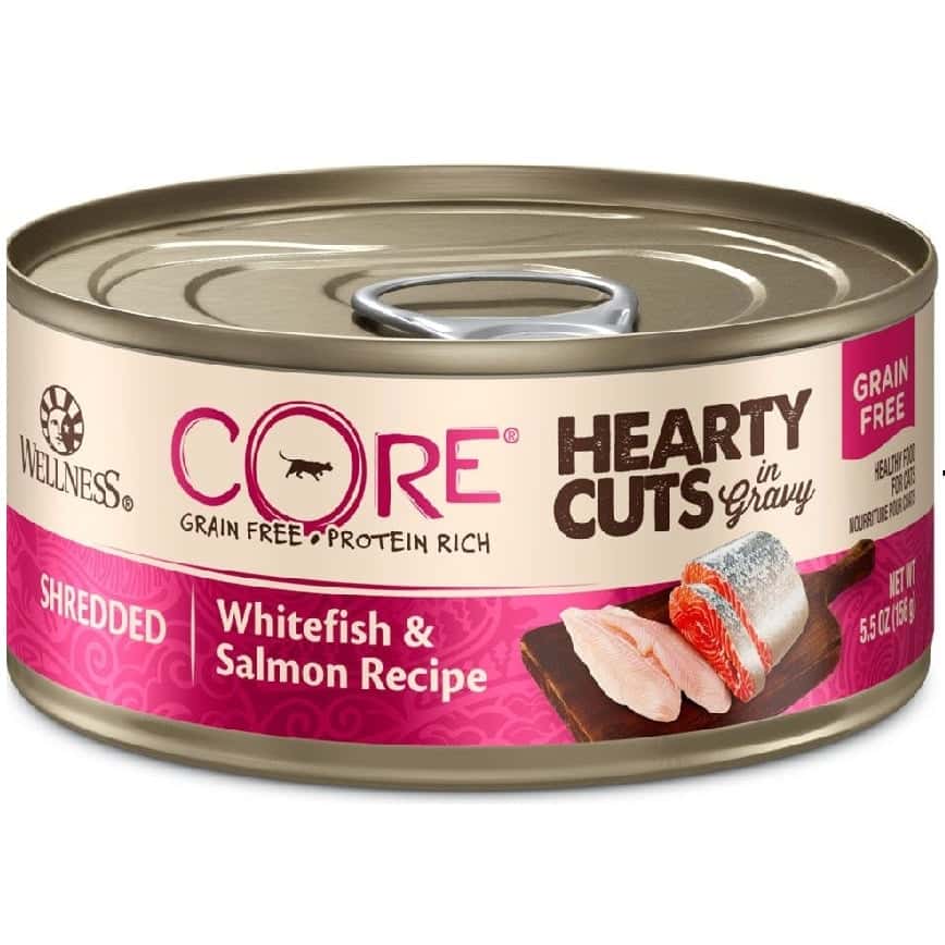 WELLNESS CORE 貓罐頭 無穀物 Hearty Cuts 白魚絲及三文魚絲 5.5oz 156g (8004) (圖片2)