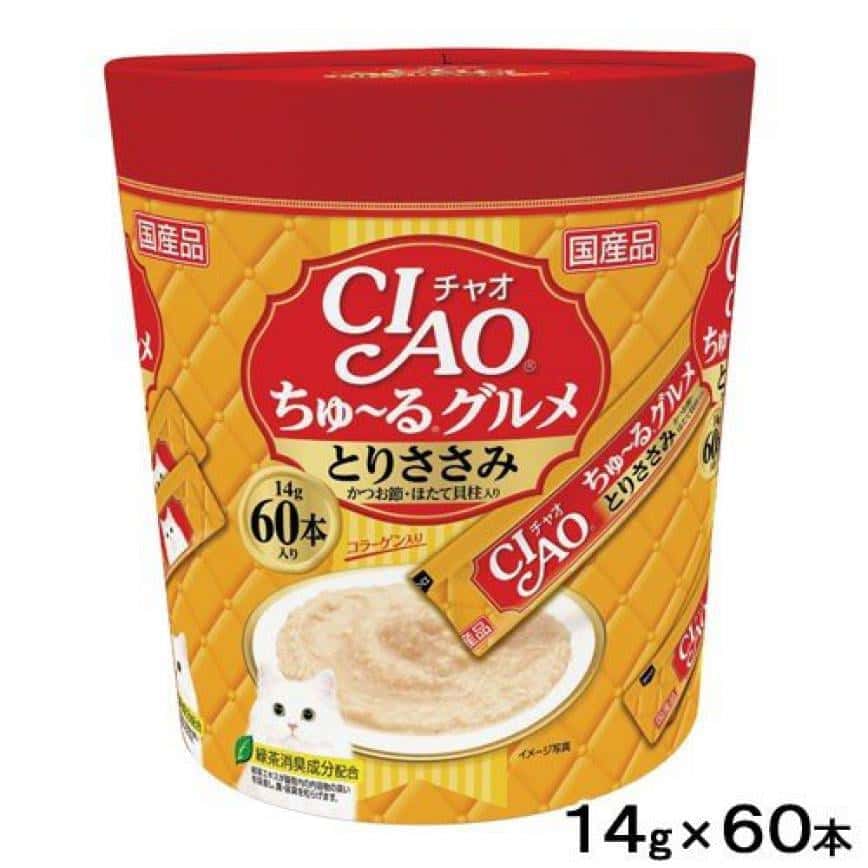 CIAO 肉泥 貓零食 金槍魚．鰹魚節貝柱肉醬 14g SC-137 60本罐裝 (橙) (圖片2)