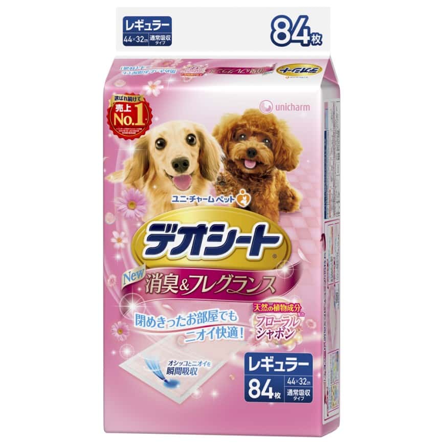 Unicharm 狗尿墊 狗尿片 日本柔軟香氛超除臭 粉紅花香味 寵物尿墊 [44*32 XL碼 84枚] (藍角) (圖片2)