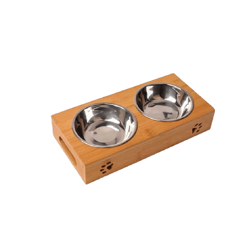 竹架寵物碗 銀色不銹鋼雙碗 (貓犬用) (圖片2)