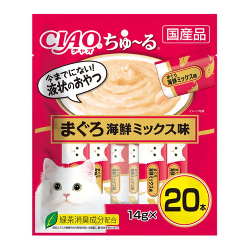 CIAO 肉泥 貓零食 金槍魚及什錦海鮮肉醬 14g 20本袋裝 (桃紅) (SC-127) (圖片2)