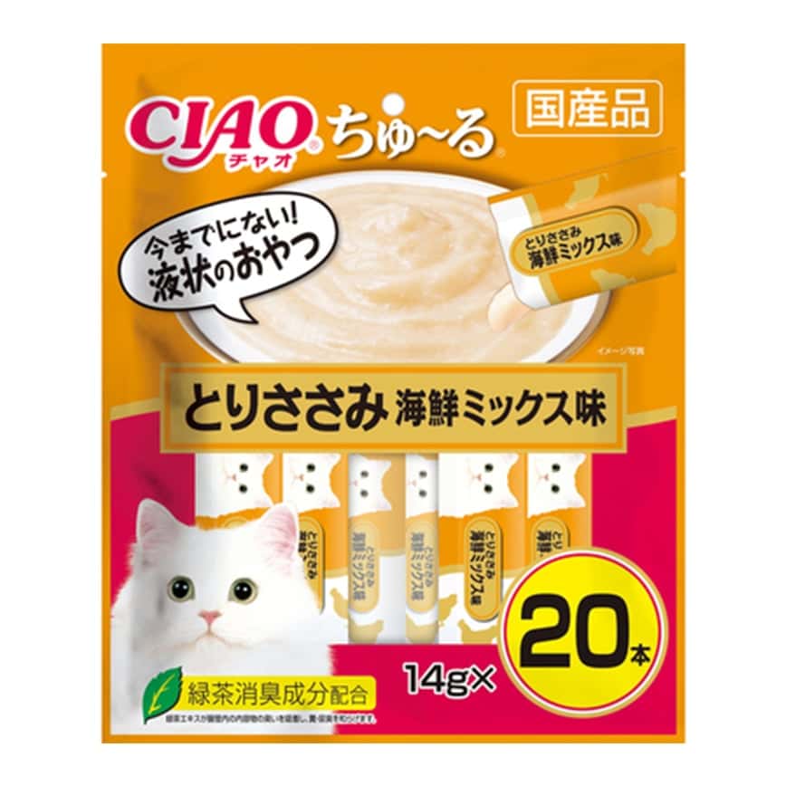 CIAO 肉泥 貓零食 雞肉及什錦海鮮肉醬 14g 20本袋裝 (橙) (SC-128) (圖片2)